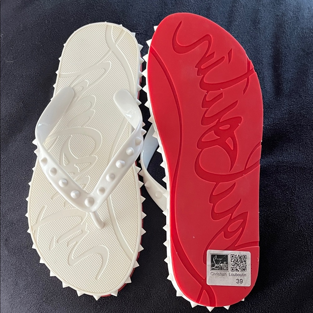 Christian Louboutin White Studded Flip Flop Sandals with Red Sole